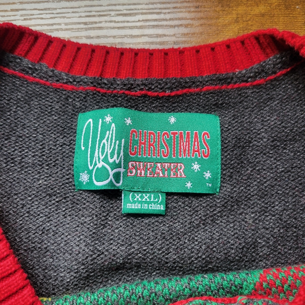Ugle Christmas Sweater Knit Long Sleeve Elf Graphic Holiday Gray Men's 2XL - Picture 5 of 7